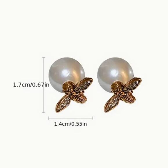 NEW French Gold Bee and Pearl Front to Back Stud Earrings - Picture 4 of 5